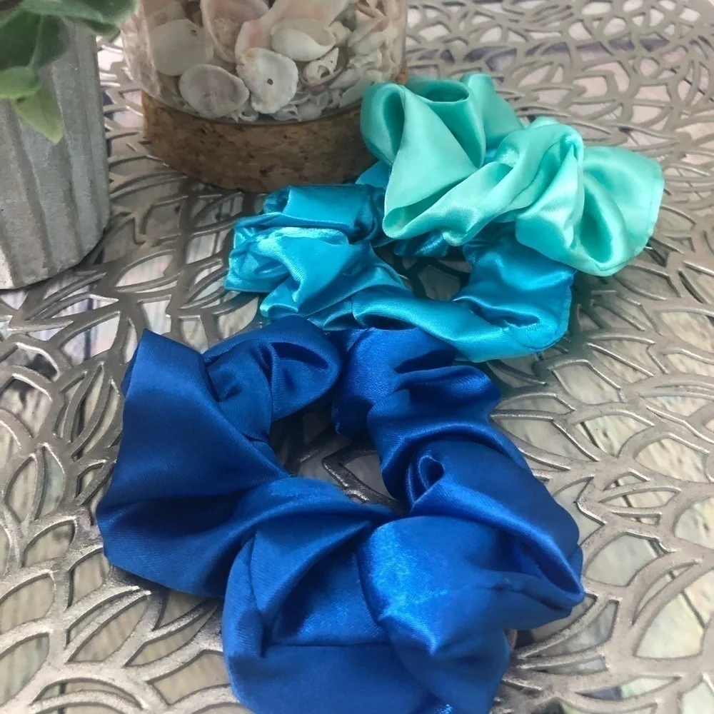 3 New Silk Scrunchies Blue, Teal Mint Color